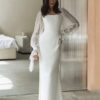 SoDigne Simple Wedding Dresses Square Neck Puff Sleeves Bodycon Satin Bride Dresses Vintage Bridal Gown Floor length Customized 3 A32fd7fad86af4ad09b8f37e2d832486dZ Cropped