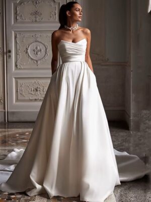 SoDigne Satin Simple Wedding Dresses Off Shoulder Sleeveless A-line Bride Gown Long Lace Up Bridal Dress vestidos de novia