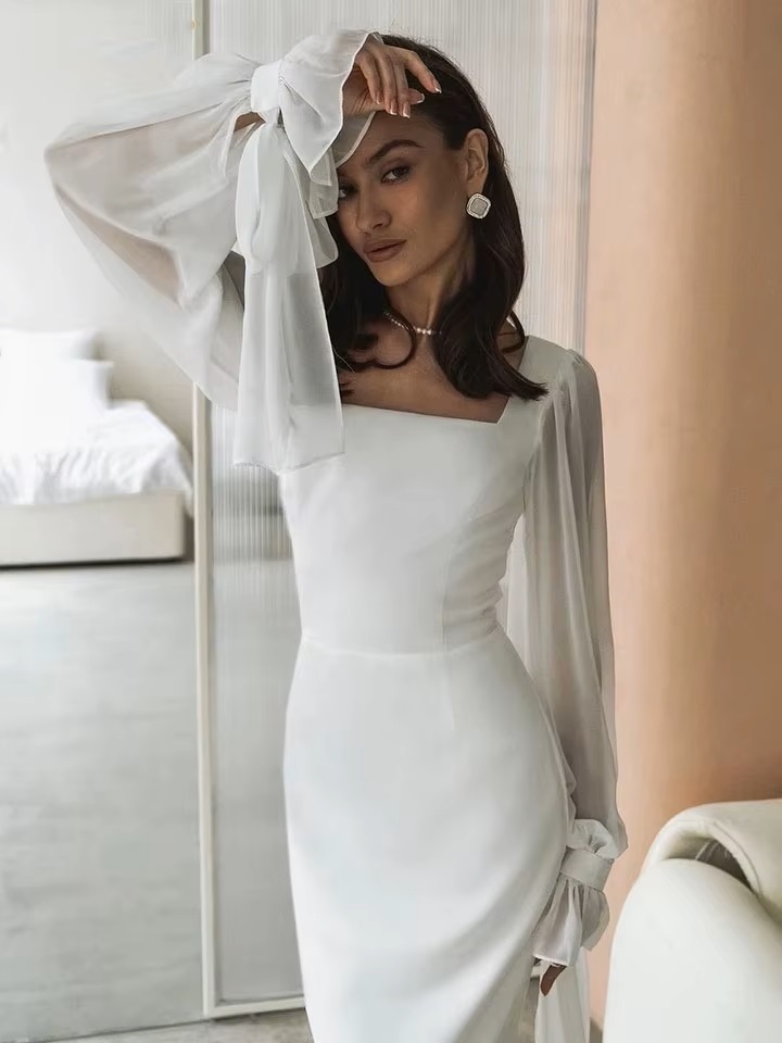 SoDigne Simple Wedding Dresses Square Neck Puff Sleeves Bodycon Satin Bride Dresses Vintage Bridal Gown Floor length Customized 3 SoDigne Simple Wedding Dresses Square Neck Puff Sleeves Bodycon Satin Bride Dresses Vintage Bridal Gown Floor length Customized - Obrázek 3