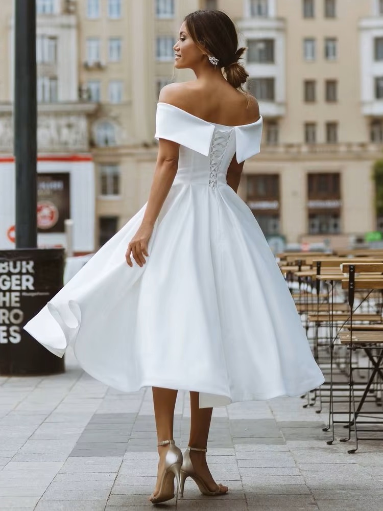 LORIE Simple Tea-length Wedding Dress Off the shoulder White Ivory Satin A-line Short Bride Gowns Beach Customized Wedding Gown 2 LORIE Simple Tea-length Wedding Dress Off the shoulder White Ivory Satin A-line Short Bride Gowns Beach Customized Wedding Gown - Obrázek 2