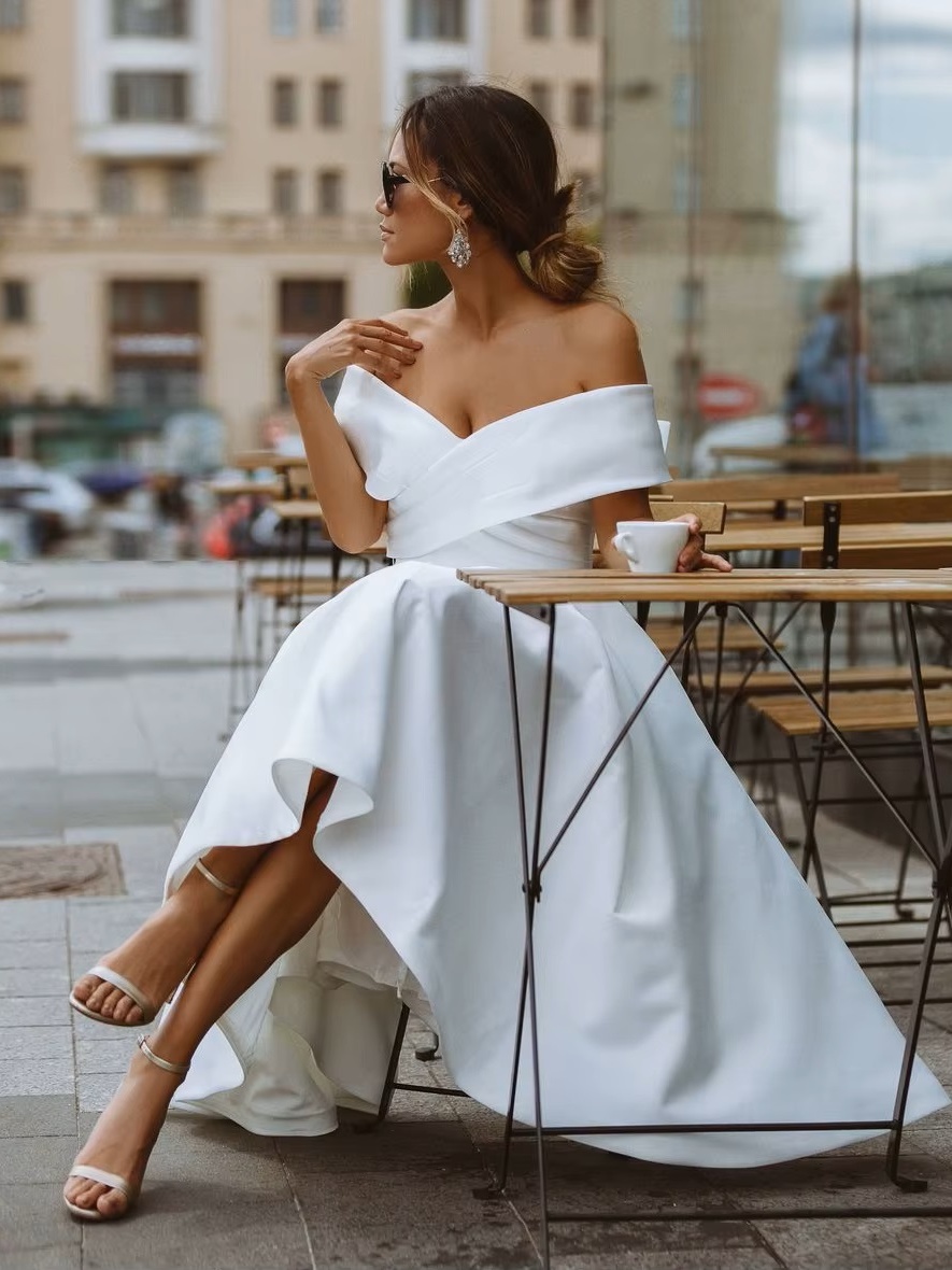 LORIE Simple Tea-length Wedding Dress Off the shoulder White Ivory Satin A-line Short Bride Gowns Beach Customized Wedding Gown 3 LORIE Simple Tea-length Wedding Dress Off the shoulder White Ivory Satin A-line Short Bride Gowns Beach Customized Wedding Gown - Obrázek 3