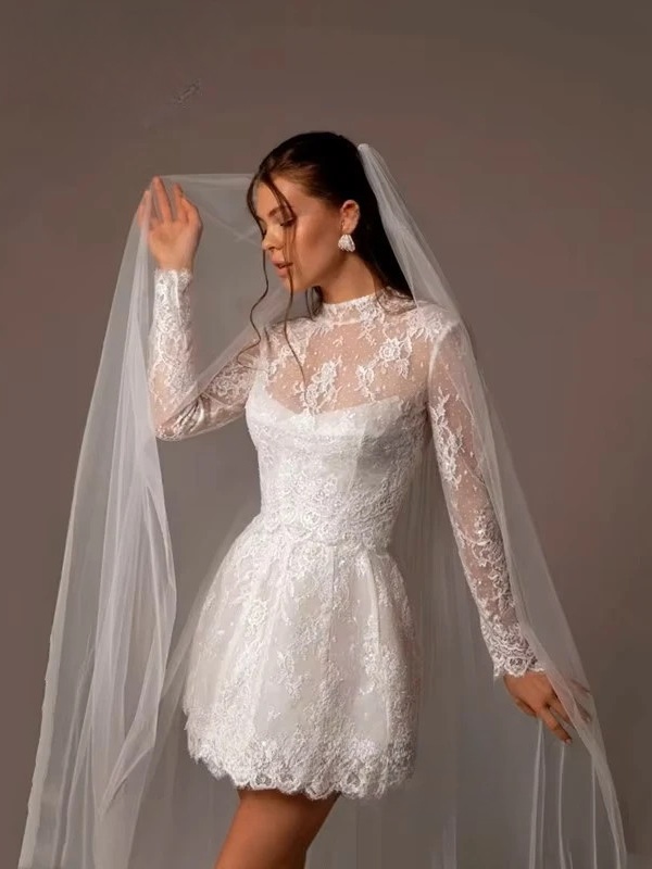 Vintage A-Line Lace Appliques Mini Wedding Dress For Women Simple High Neck Illusion Long Sleeves Gown Short Dress Customized 2 Vintage A-Line Lace Appliques Mini Wedding Dress For Women Simple High Neck Illusion Long Sleeves Gown Short Dress Customized - Obrázek 2