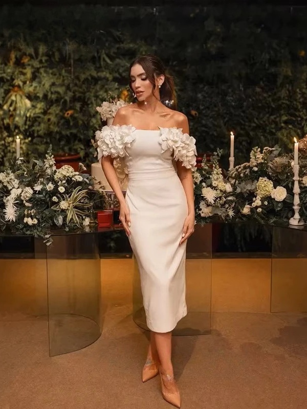Customized Simple Satin Short Mermaid Strapless Wedding Dress Sexy Backless Off Shoulder Pleat Button Appliques Mid-Calf Bride 1 Customized Simple Satin Short Mermaid Strapless Wedding Dress Sexy Backless Off Shoulder Pleat Button Appliques Mid-Calf Bride