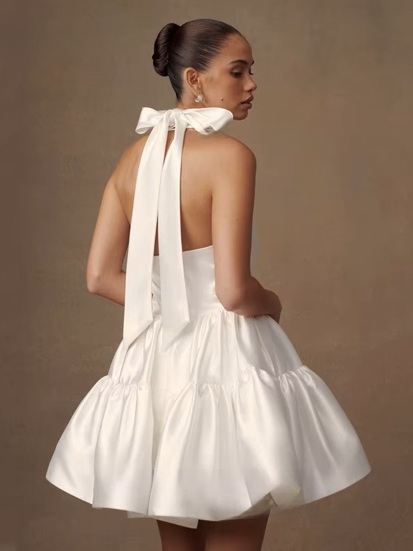 Simple Ivory Satin Mini Wedding Dress Sleeveless Pleat Halter Ball Gown Sexy Backless with Lace Up Short Bride Dress Customized 3 Simple Ivory Satin Mini Wedding Dress Sleeveless Pleat Halter Ball Gown Sexy Backless  with Lace Up Short Bride Dress Customized - Obrázek 3