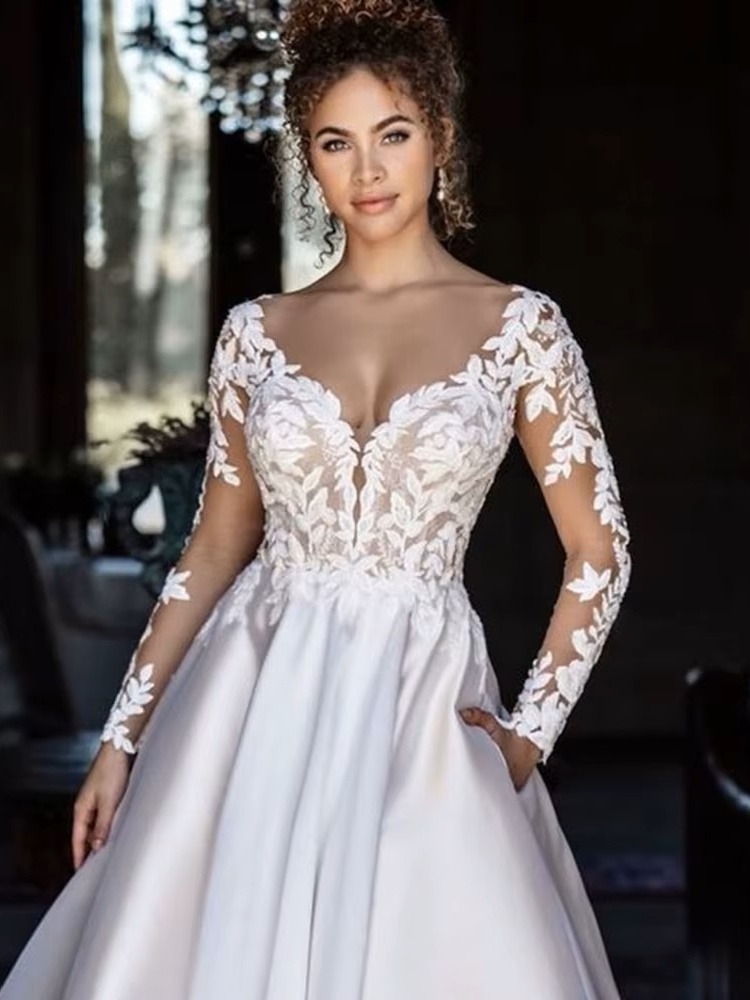 SoDigne Backless Boho Wedding Dresses With Pockets Long Sleeves V Neck Lace Bridal Dress Satin Bride Gowns Customized 3 SoDigne Backless Boho Wedding Dresses With Pockets Long Sleeves V Neck Lace Bridal Dress Satin Bride Gowns Customized - Obrázek 3