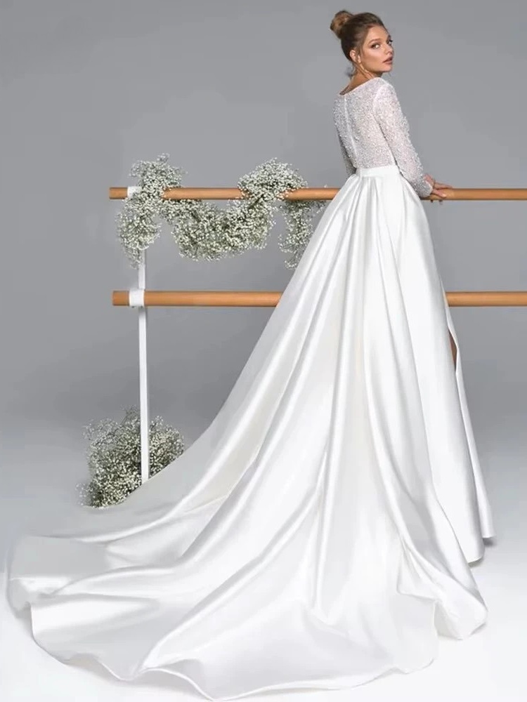 Luxury Long Sleeve Satin Wedding Dress Deep V-Neck Side Split Bridal Gown Vestido De Novia Train Vestidos De Novia Customized 2 Luxury Long Sleeve Satin Wedding Dress Deep V-Neck Side Split Bridal Gown Vestido De Novia Train Vestidos De Novia Customized - Obrázek 2
