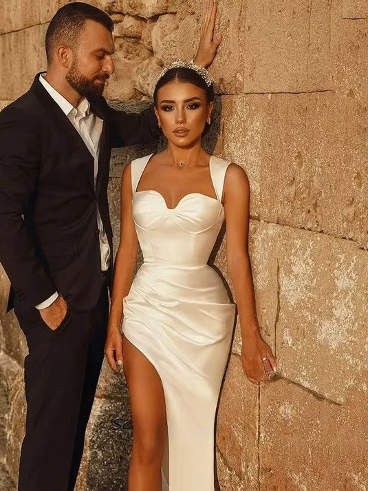 SoDigne Mermaid Satin Wedding Dress Sweetheart Sleeveless Bridal Gown Split Long Bride Dresses vestidos de novia Customized  3 SoDigne Mermaid Satin Wedding Dress Sweetheart Sleeveless Bridal Gown Split Long Bride Dresses vestidos de novia Customized  - Obrázek 3