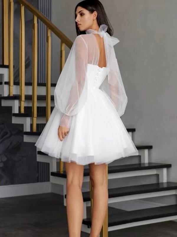 White Short Wedding Dresses for Women 2025 Bride A Line Wedding Gown Long Puff Sleeve Illusion High Collar Sweetie Customized 2 White Short Wedding Dresses for Women 2025 Bride A Line Wedding Gown Long Puff Sleeve Illusion High Collar Sweetie Customized - Obrázek 2