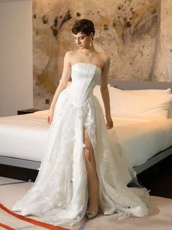SoDigne A-line Satin Wedding Dresses Strapless Sleeveless Split Bride Dress Beach Long Wedding Gowns vestidos de novia Customize 1 SoDigne A-line Satin Wedding Dresses Strapless Sleeveless Split Bride Dress Beach Long Wedding Gowns vestidos de novia Customize