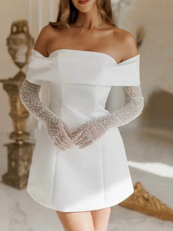 Simple A-Line Mini Wedding Dresses Elegant Long Sleeves Pleat Pearls Strapless Sexy Backless with Lace Up Short Gowns Customized 3 Simple A-Line Mini Wedding Dresses Elegant Long Sleeves Pleat Pearls Strapless Sexy Backless with Lace Up Short Gowns Customized - Obrázek 3