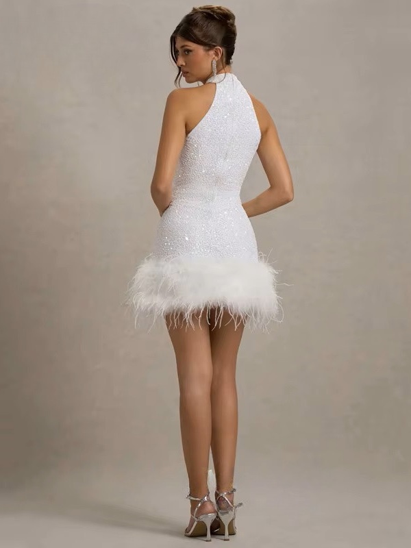 Exquisite Mermaid White Mini Wedding Dress Sexy Sleeveless Halter Pleat Shiny Beading Sequined Feathers Formal Gown Customized 2 Exquisite Mermaid White Mini Wedding Dress Sexy Sleeveless Halter Pleat Shiny Beading Sequined Feathers Formal Gown Customized - Obrázek 2