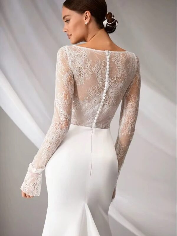 SoDigne Mermaid Elegant Wedding Dress Square Collar Full Sleeves Satin/Lace Bride Dresses Split Bridal Gown Vestido De Noiva - Obrázek 2