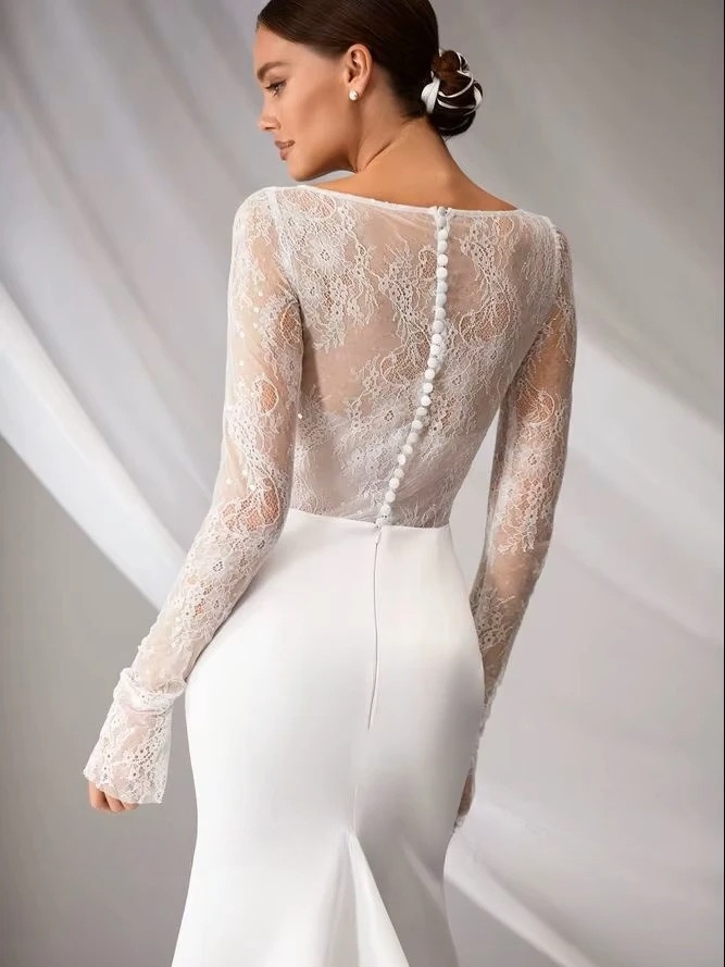 SoDigne Mermaid Elegant Wedding Dress Square Collar Full Sleeves Satin/Lace Bride Dresses Split Bridal Gown Vestido De Noiva 2 SoDigne Mermaid Elegant Wedding Dress Square Collar Full Sleeves Satin/Lace Bride Dresses Split Bridal Gown Vestido De Noiva - Obrázek 2