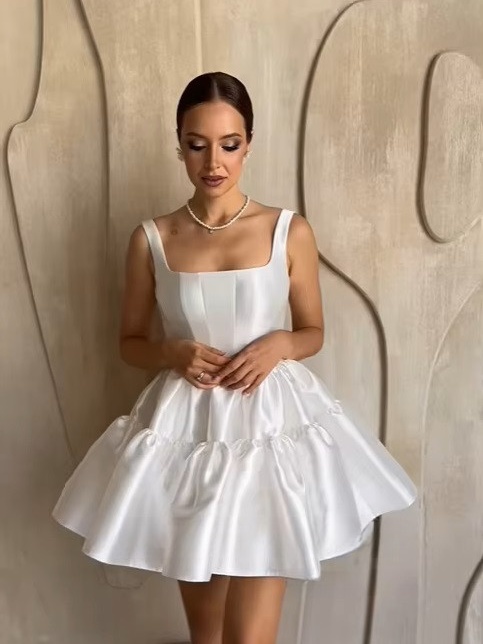 SoDigne Simple Short Wedding Dresses A-line Square Collar Bride Dress Mini Satin Bridal Gown Vestido De Noiva Customized 2 SoDigne Simple Short Wedding Dresses A-line Square Collar Bride Dress Mini Satin Bridal Gown Vestido De Noiva Customized - Obrázek 2