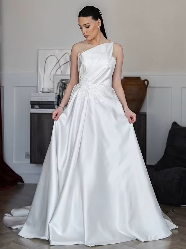SoDigne A-line Satin Appliques Bride Dresses O-neck Sleeveless Wedding Dress Long Bridal Gowns vestidos de novia Customized 1 SoDigne A-line Satin Appliques Bride Dresses O-neck Sleeveless Wedding Dress Long Bridal Gowns vestidos de novia Customized