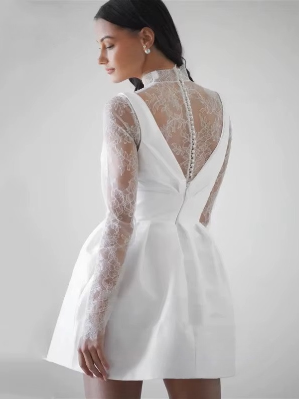 Customized Simple Mini Satin Lace Wedding Dress Pleat Long Sleeves Sexy High Neck Illusion With Button Short Wedding Gown 2025 2 Customized Simple Mini Satin Lace Wedding Dress Pleat Long Sleeves Sexy High Neck Illusion With Button Short Wedding Gown 2025 - Obrázek 2