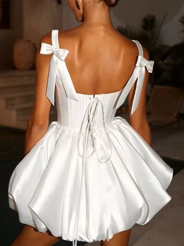 Simple Square Collar Satin Mini Wedding Dress Spaghetti Straps Ball Gowns 2025 Pleat Bow Backless Lace Up Short Gowns Customized 2 Simple Square Collar Satin Mini Wedding Dress Spaghetti Straps Ball Gowns 2025 Pleat Bow Backless Lace Up Short Gowns Customized - Obrázek 2