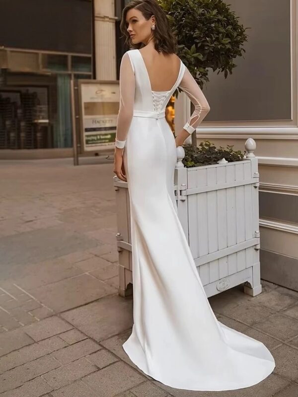Elegant Long Sleeve Wedding Dress 2025 Mermaid Open Back Satin Backless O-Neck Bridal Gown  Lace Up Vestido De Novia Customized - Obrázek 2
