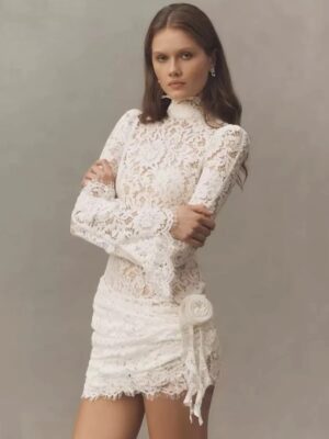 Classic Lace Appliques Mini Wedding Dresses Sexy Sheath Long Sleeves High Neck Bride Dress Anove Knee Pleat Lace Up Customized 5 S347b4c8edf054f719a0fc06bf268be49I Cropped 1