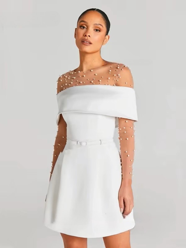 Customized Modern Mini Satin Wedding Dresses Sexy Boat Neck Pleat Pearls Long Sleeves Bride Dresses Sexy Backless Wedding Gowns 3 Customized Modern Mini Satin Wedding Dresses Sexy Boat Neck Pleat Pearls Long Sleeves Bride Dresses Sexy Backless Wedding Gowns - Obrázek 3