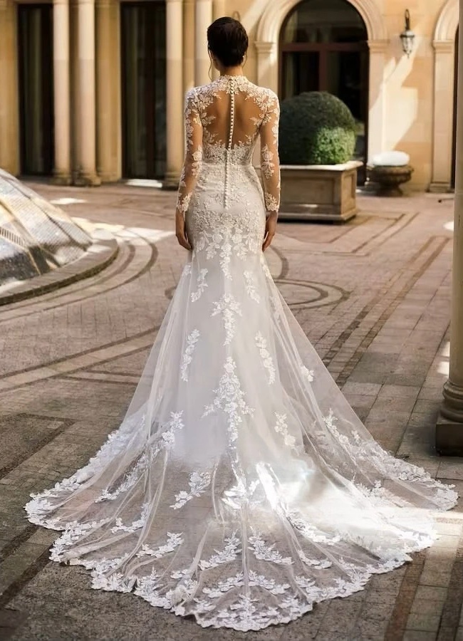 SoDigne Mermaid Lace Appliques Wedding Dresses Tulle Full Sleeves Bridal Dress Long Bride Gown vestidos de novia Customized 2 SoDigne Mermaid Lace Appliques Wedding Dresses Tulle Full Sleeves Bridal Dress Long Bride Gown vestidos de novia Customized - Obrázek 2