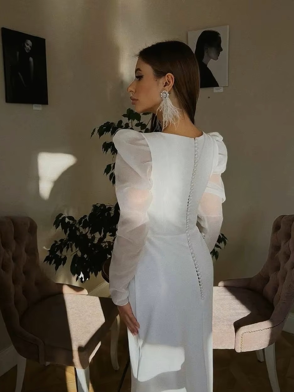 SoDigne Classic Satin Wedding Dresses Mermaid Puff Sleeves Square Neck Bridal Gown With Button Wedding Party Dress 4 SoDigne Classic Satin Wedding Dresses Mermaid Puff Sleeves Square Neck Bridal Gown With Button Wedding Party Dress - Obrázek 4