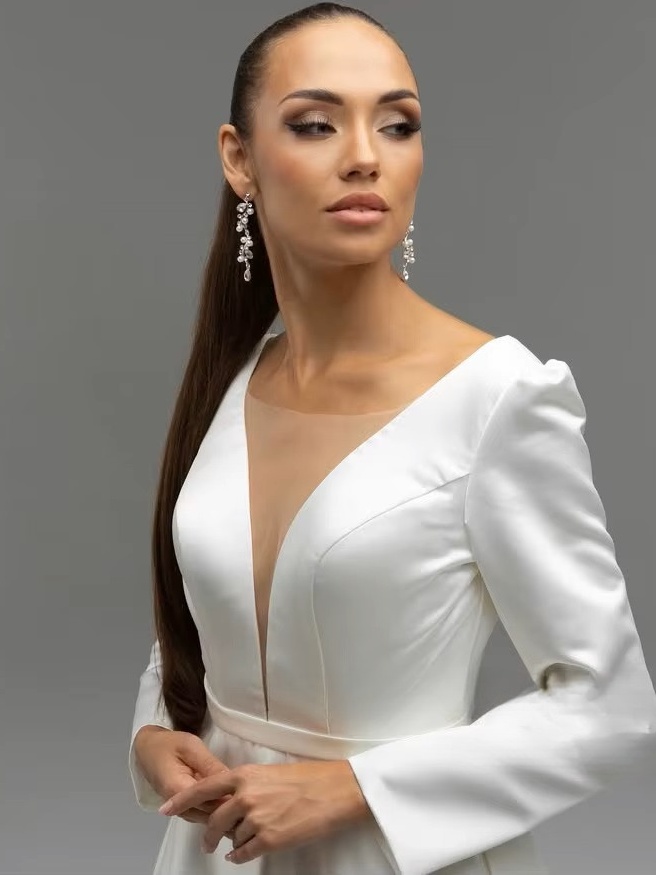SoDigne A-line Satin Wedding Dresses V-neck Full Sleeves Bride Dress Elegant Long Wedding Gown vestidos de novia Customized 2 SoDigne A-line Satin Wedding Dresses V-neck Full Sleeves Bride Dress Elegant Long Wedding Gown vestidos de novia Customized - Obrázek 2