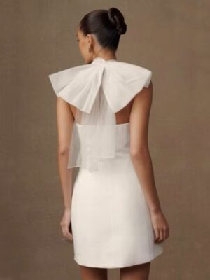 Simple Mini Mermaid Satin Wedding Dress Sexy Sleeveless Tulle Hatler Formal Pleat Open Back with Bow Boho Short Grown Customized 7 S43238b24476341a3987850b14a298899w Cropped