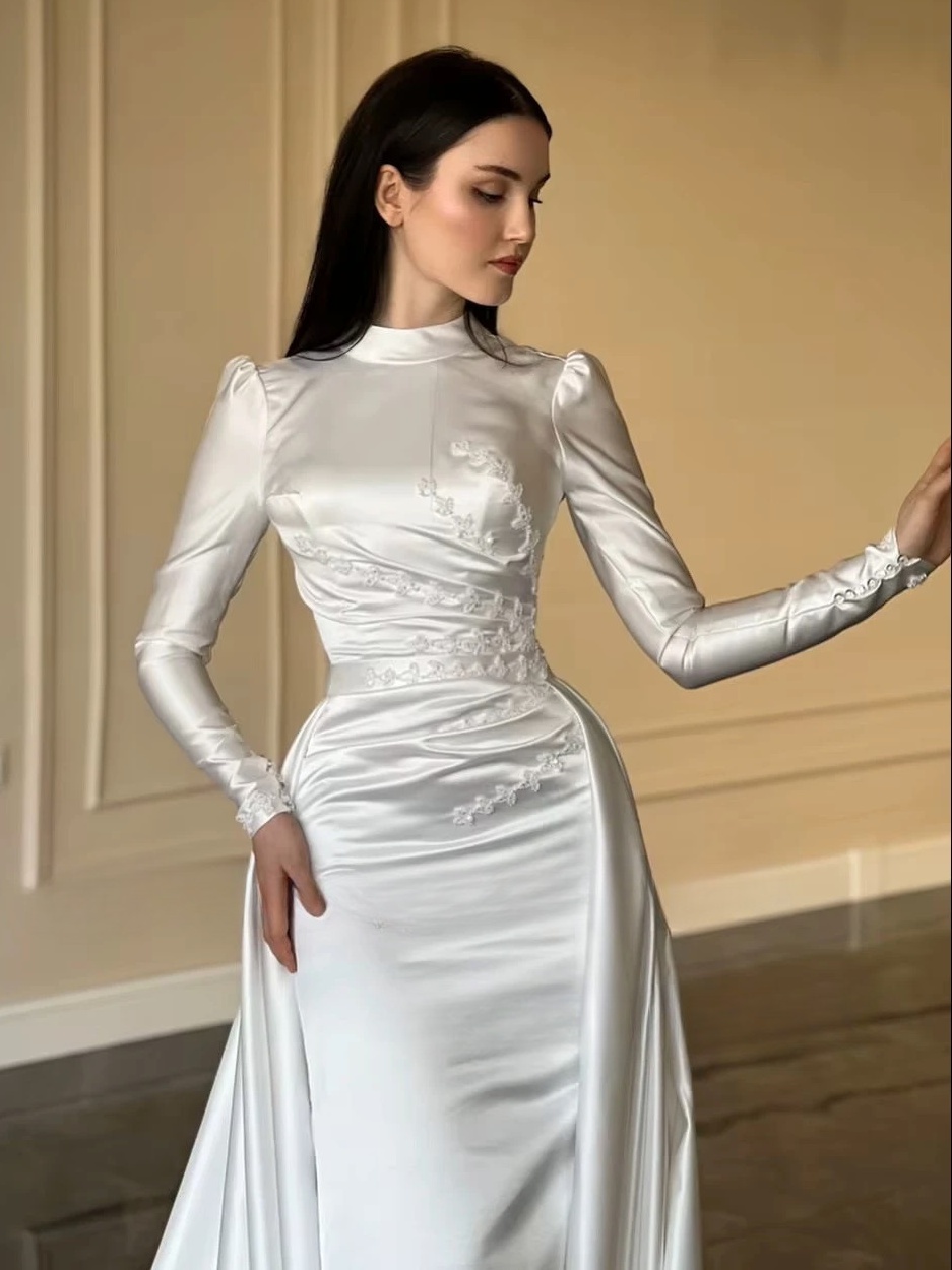 SoDigne Mermaid Satin Wedding Dresses High Neck Full Sleeves Bridal Dress Detachable Train Bride Gown Robe De Mairee Customized 2 SoDigne Mermaid Satin Wedding Dresses High Neck Full Sleeves Bridal Dress Detachable Train Bride Gown Robe De Mairee Customized - Obrázek 2