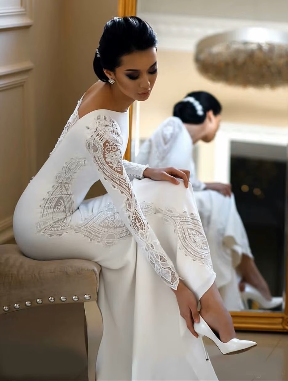 SoDigne Muslim Mermaid Satin Lace Wedding Dresses For Women 2023 Long Sleeves Arabic Bridal Dress Elegant Bride Gown Customized 3 SoDigne Muslim Mermaid Satin Lace Wedding Dresses For Women 2023 Long Sleeves Arabic Bridal Dress Elegant Bride Gown Customized - Obrázek 3