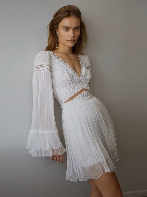 Exquisite Ivory Lace A-Line Mini Wedding Dress Sexy Deep V-Neck Long Sleeves Pleat Open Back Chiffon Short Dress Gown Customized 1 Exquisite Ivory Lace A-Line Mini Wedding Dress Sexy Deep V-Neck Long Sleeves Pleat Open Back Chiffon Short Dress Gown Customized