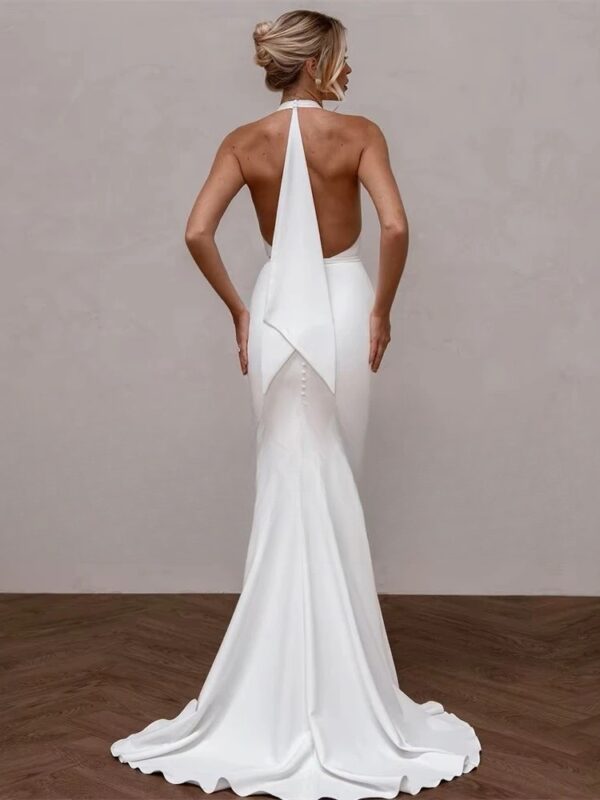 Elegant Mermaid Wedding Dress V-Neck Halter Open Back Simple Buttons Pleat Bridal Gown Sweep Train Vestidos De Noiva Customized - Obrázek 2