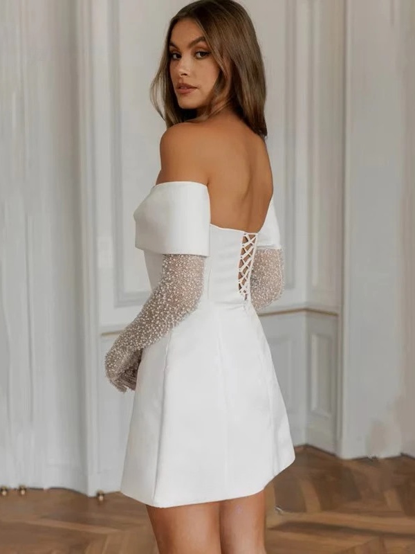 Simple A-Line Mini Wedding Dresses Elegant Long Sleeves Pleat Pearls Strapless Sexy Backless with Lace Up Short Gowns Customized 2 Simple A-Line Mini Wedding Dresses Elegant Long Sleeves Pleat Pearls Strapless Sexy Backless with Lace Up Short Gowns Customized - Obrázek 2