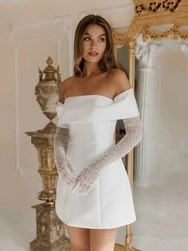 Simple A-Line Mini Wedding Dresses Elegant Long Sleeves Pleat Pearls Strapless Sexy Backless with Lace Up Short Gowns Customized 1 Simple A-Line Mini Wedding Dresses Elegant Long Sleeves Pleat Pearls Strapless Sexy Backless with Lace Up Short Gowns Customized