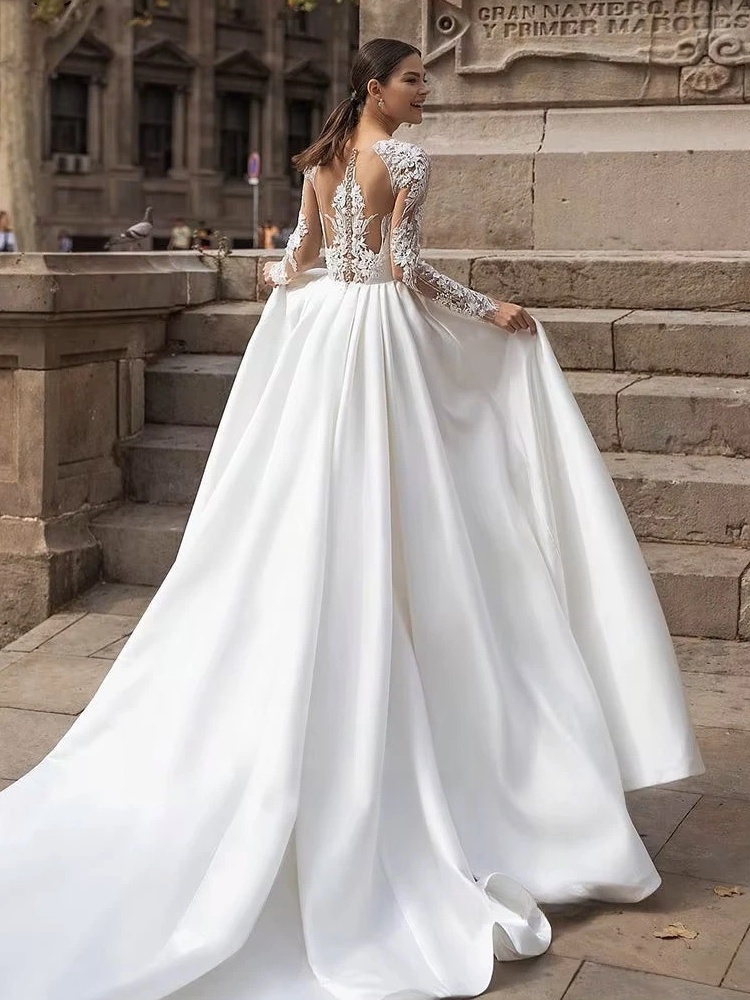 SoDigne A-line Satin Wedding Dresses O-neck Appliques Full Sleeves Bridal Dress Long Bride Gown vestidos de novia Customized 2 SoDigne A-line Satin Wedding Dresses O-neck Appliques Full Sleeves Bridal Dress Long Bride Gown vestidos de novia Customized - Obrázek 2