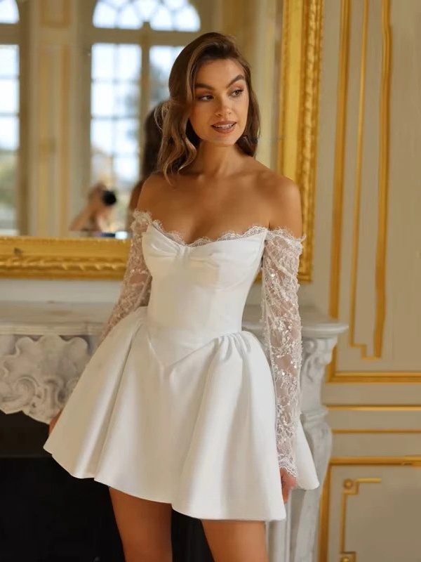 Simple Mini Lace Wedding Dress Vintage Strapless Formal Pleat Off Shoulder Sequined Ball Gowns Sexy Backless Lace Up Customized 1 Simple Mini Lace Wedding Dress Vintage Strapless Formal Pleat Off Shoulder Sequined Ball Gowns Sexy Backless Lace Up Customized