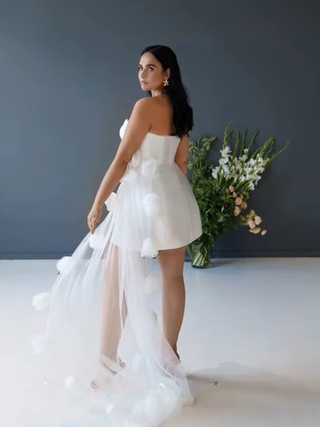 Simple Short Mermaid Wedding Dress Sexy Strapless Sleeveless Backless Dresses Pleat Tulle Flowers Illusion Mini Gowns Customized 2 Simple Short Mermaid Wedding Dress Sexy Strapless Sleeveless Backless Dresses Pleat Tulle Flowers Illusion Mini Gowns Customized - Obrázek 2