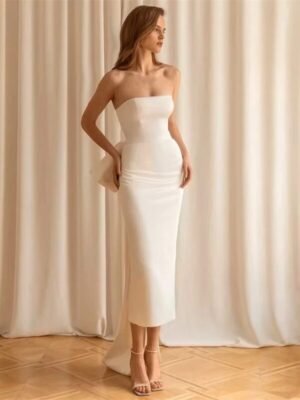 Elegant Short Mermaid Wedding Dress Strapless Satin Bow Sleeveless Simple Lace-up Bridal Gown Vestidos De Noiva Customized
