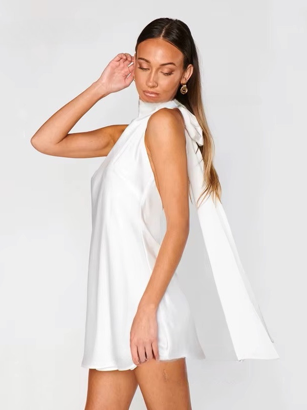 Simple Satin White Sheath Mini Wedding Dress 2025 Sexy Sleeveless High Neck Pleat Bow Elegant Backless Short Gowns Customized 3 Simple Satin White Sheath Mini Wedding Dress 2025 Sexy Sleeveless High Neck Pleat Bow Elegant Backless Short Gowns Customized - Obrázek 3