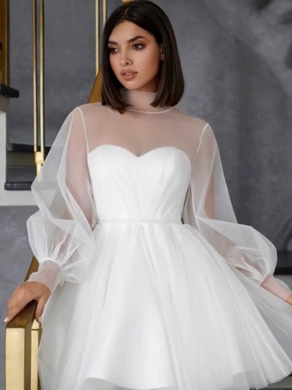 White Short Wedding Dresses for Women 2025 Bride A Line Wedding Gown Long Puff Sleeve Illusion High Collar Sweetie Customized 3 White Short Wedding Dresses for Women 2025 Bride A Line Wedding Gown Long Puff Sleeve Illusion High Collar Sweetie Customized - Obrázek 3