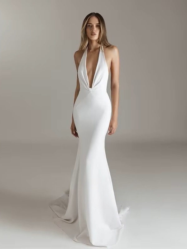 SoDigne Mermaid Satin Simple Wedding Dresses Halter Sleeveless Bridal Dress Elegant Wedding Gown Robe De Mairee Customized 1 SoDigne Mermaid Satin Simple Wedding Dresses Halter Sleeveless Bridal Dress Elegant Wedding Gown Robe De Mairee Customized