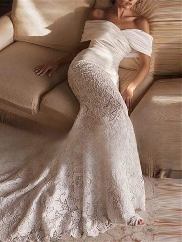 BIGDAY Luxury Lace Mermaid Wedding Dress Women Off The Shoulder Pleat Open Back V-Neck Bridal Gown Vestido De Noiva Customized - Obrázek 3