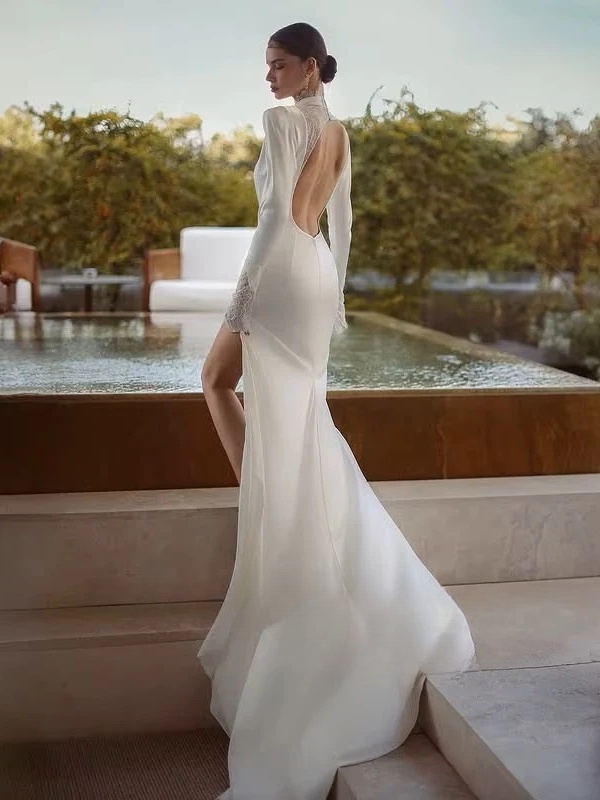 SoDigne Mermaid Wedding Dresses High Neck Full Sleeves Satin/Lace Bridal Dress Long Wedding Gown Robe De Mairee Customized 2 SoDigne Mermaid Wedding Dresses High Neck Full Sleeves Satin/Lace Bridal Dress Long Wedding Gown Robe De Mairee Customized - Obrázek 2