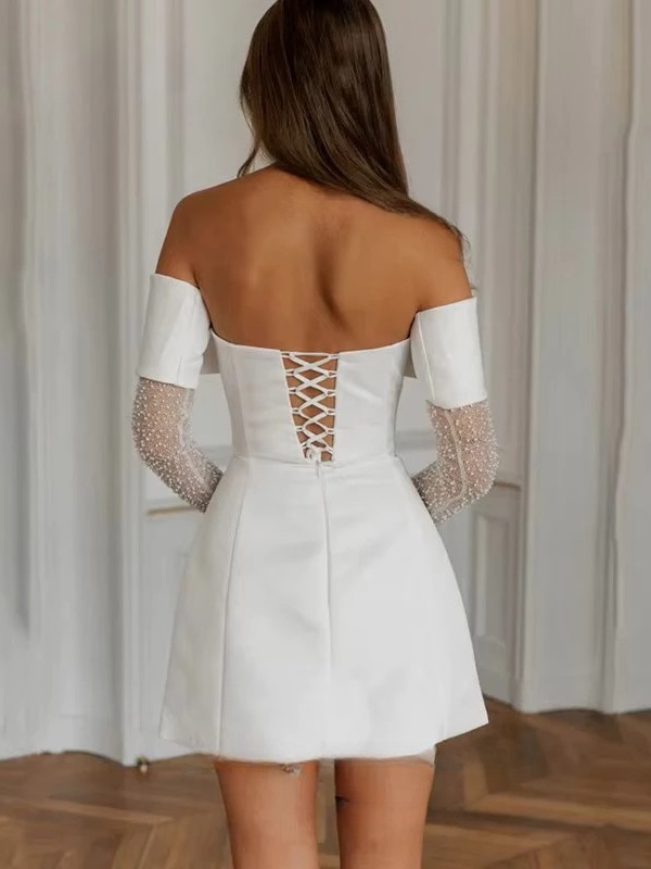 Simple A-Line Mini Wedding Dresses Elegant Long Sleeves Pleat Pearls Strapless Sexy Backless with Lace Up Short Gowns Customized 4 Simple A-Line Mini Wedding Dresses Elegant Long Sleeves Pleat Pearls Strapless Sexy Backless with Lace Up Short Gowns Customized - Obrázek 4