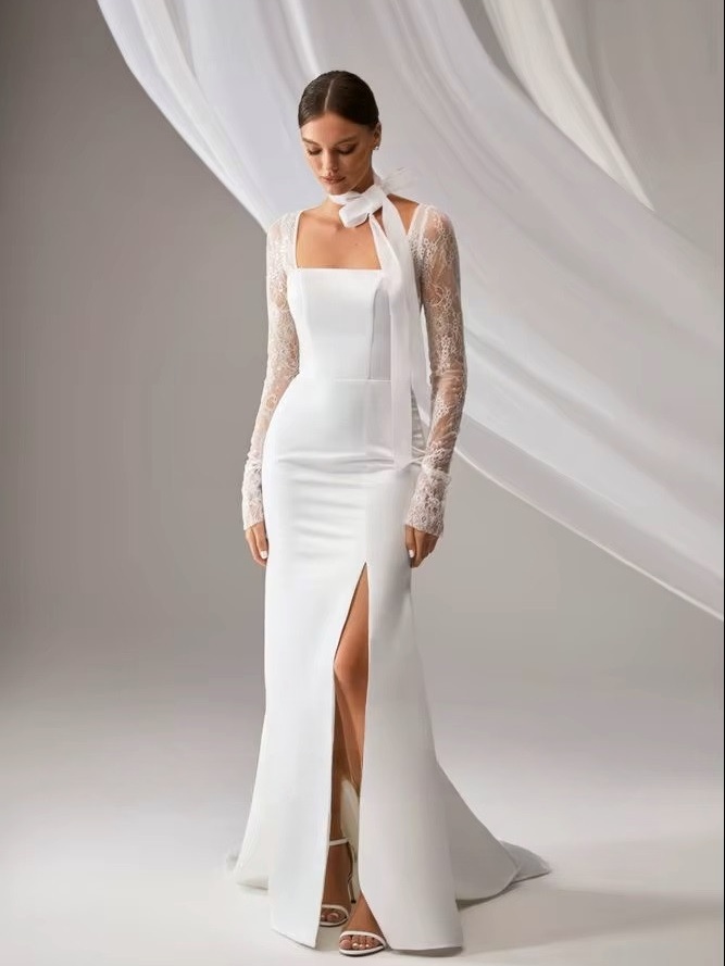 SoDigne Mermaid Elegant Wedding Dress Square Collar Full Sleeves Satin/Lace Bride Dresses Split Bridal Gown Vestido De Noiva 1 SoDigne Mermaid Elegant Wedding Dress Square Collar Full Sleeves Satin/Lace Bride Dresses Split Bridal Gown Vestido De Noiva