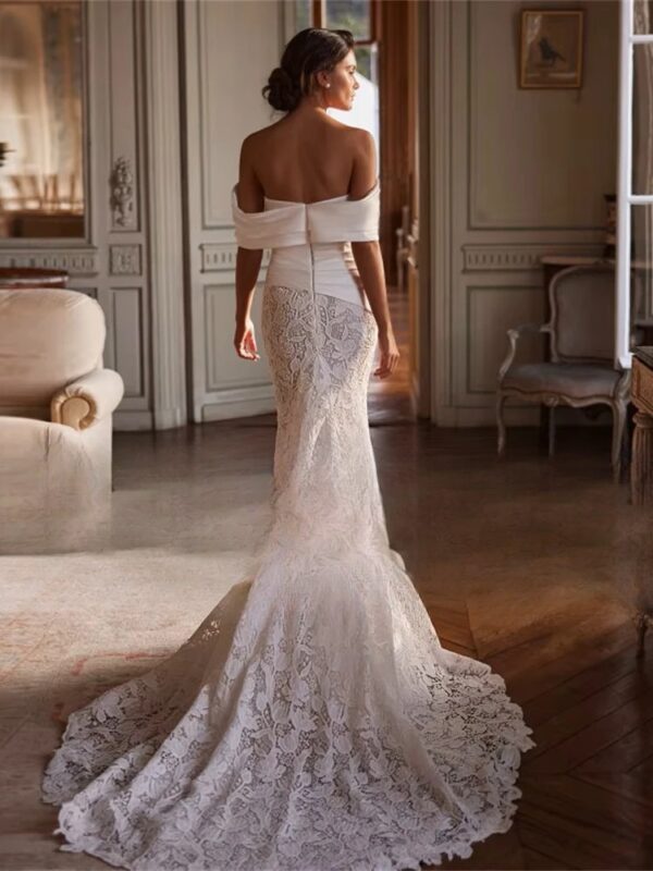 BIGDAY Luxury Lace Mermaid Wedding Dress Women Off The Shoulder Pleat Open Back V-Neck Bridal Gown Vestido De Noiva Customized - Obrázek 2