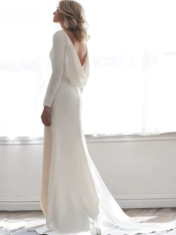 Long Sleeves Mermaid Back Cowl Wedding Dresses O-neck Beach Backless Bridal Party Gown Vestido De Novia Sweep Train Customized - Obrázek 3