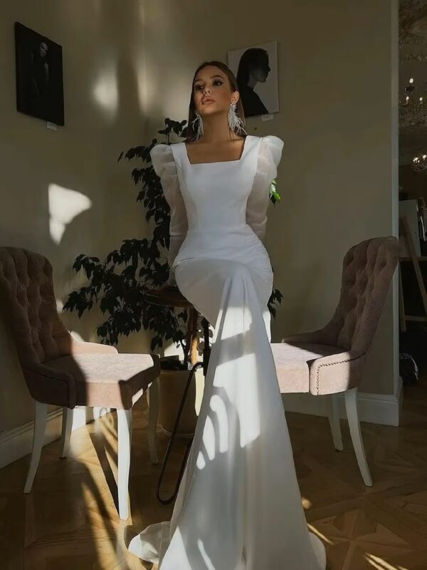 SoDigne Classic Satin Wedding Dresses Mermaid Puff Sleeves Square Neck Bridal Gown With Button Wedding Party Dress - Obrázek 3