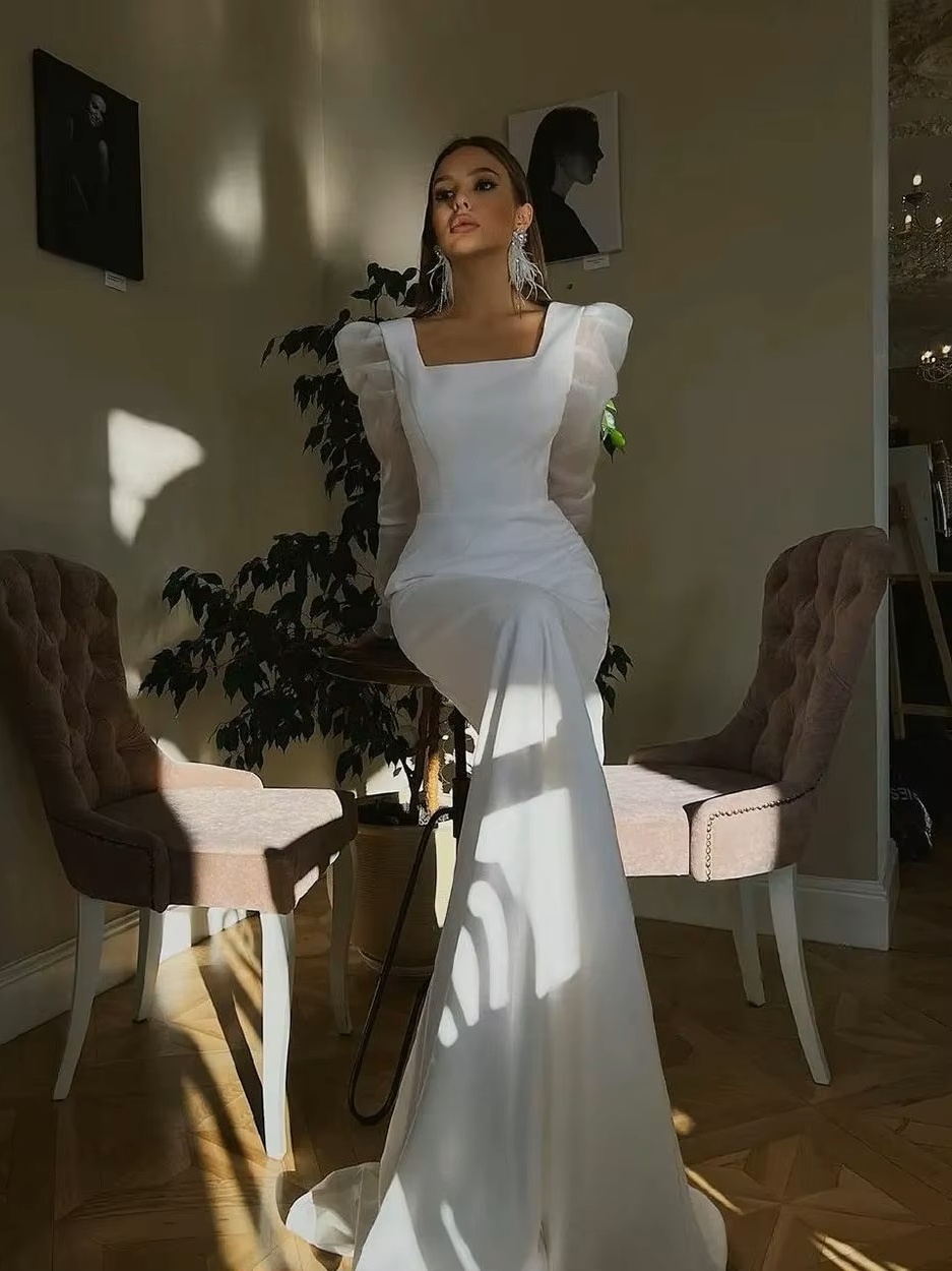 SoDigne Classic Satin Wedding Dresses Mermaid Puff Sleeves Square Neck Bridal Gown With Button Wedding Party Dress 3 SoDigne Classic Satin Wedding Dresses Mermaid Puff Sleeves Square Neck Bridal Gown With Button Wedding Party Dress - Obrázek 3