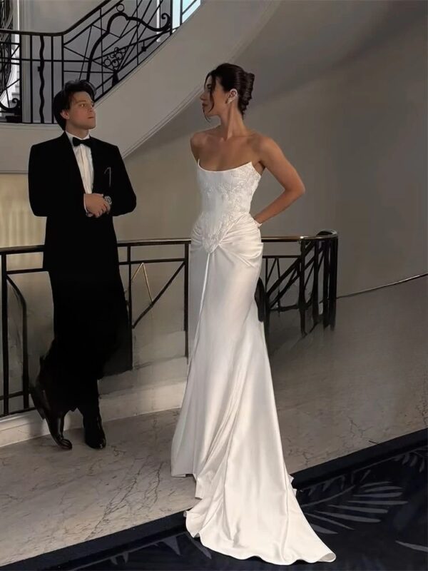 BIGDAY Modern Mermaid Wedding Dress Boat-Neck Lace Appliqued Pleat Open Back Lace-up  Bridal Gown Vestido De Noiva Customized - Obrázek 3